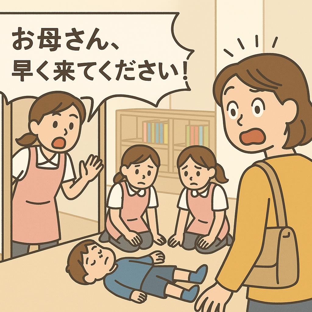 保育園で倒れた息子のもとへ、先生に呼ばれて驚きながら駆け寄る母。保育室では保育士たちが心配そうに息子を囲んでいる様子を描いたイラスト。
