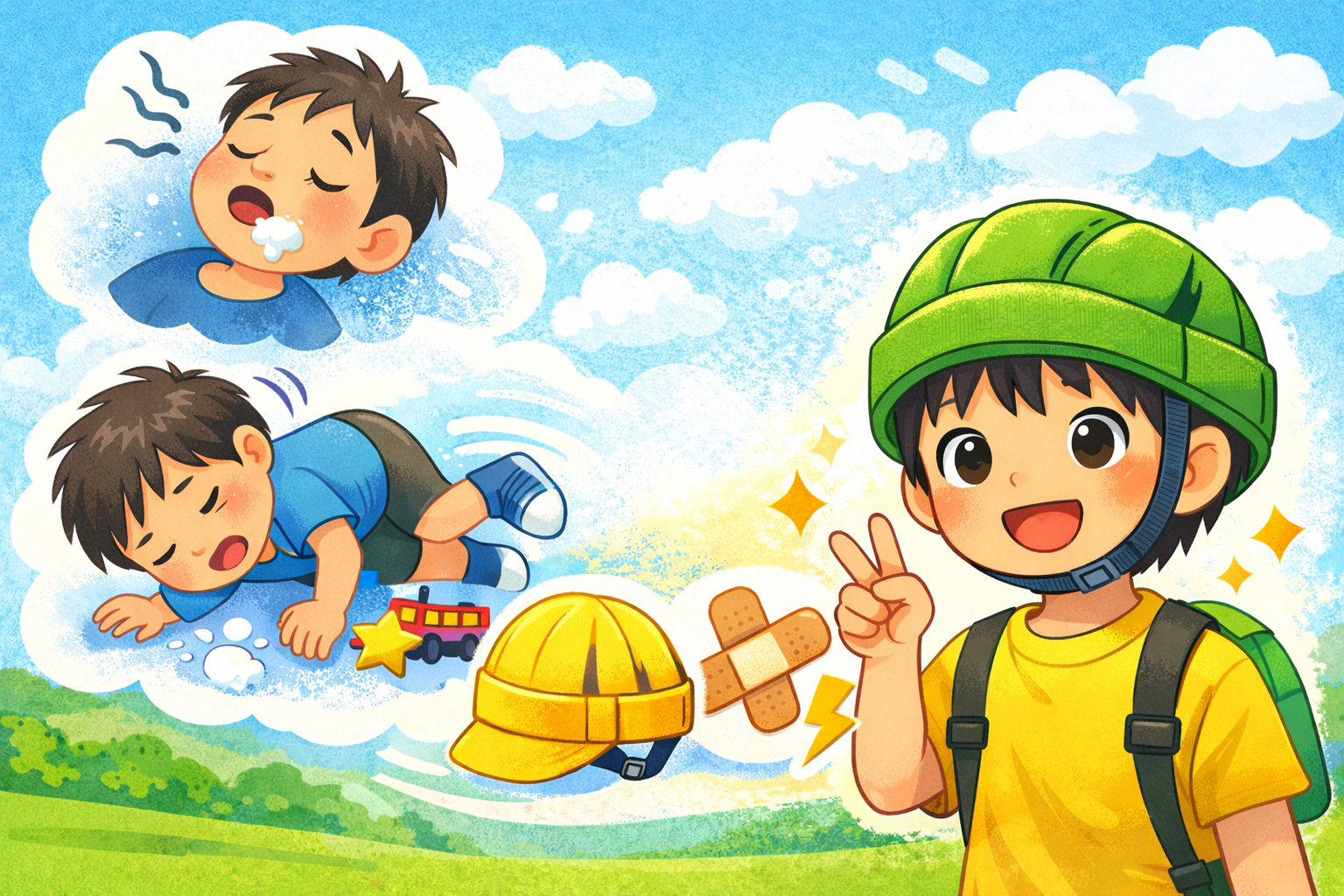 てんかんのある子どもの日常をイメージしたイラスト。発作で倒れる場面と、保護帽をかぶって元気に過ごす子どもの姿が描かれている。