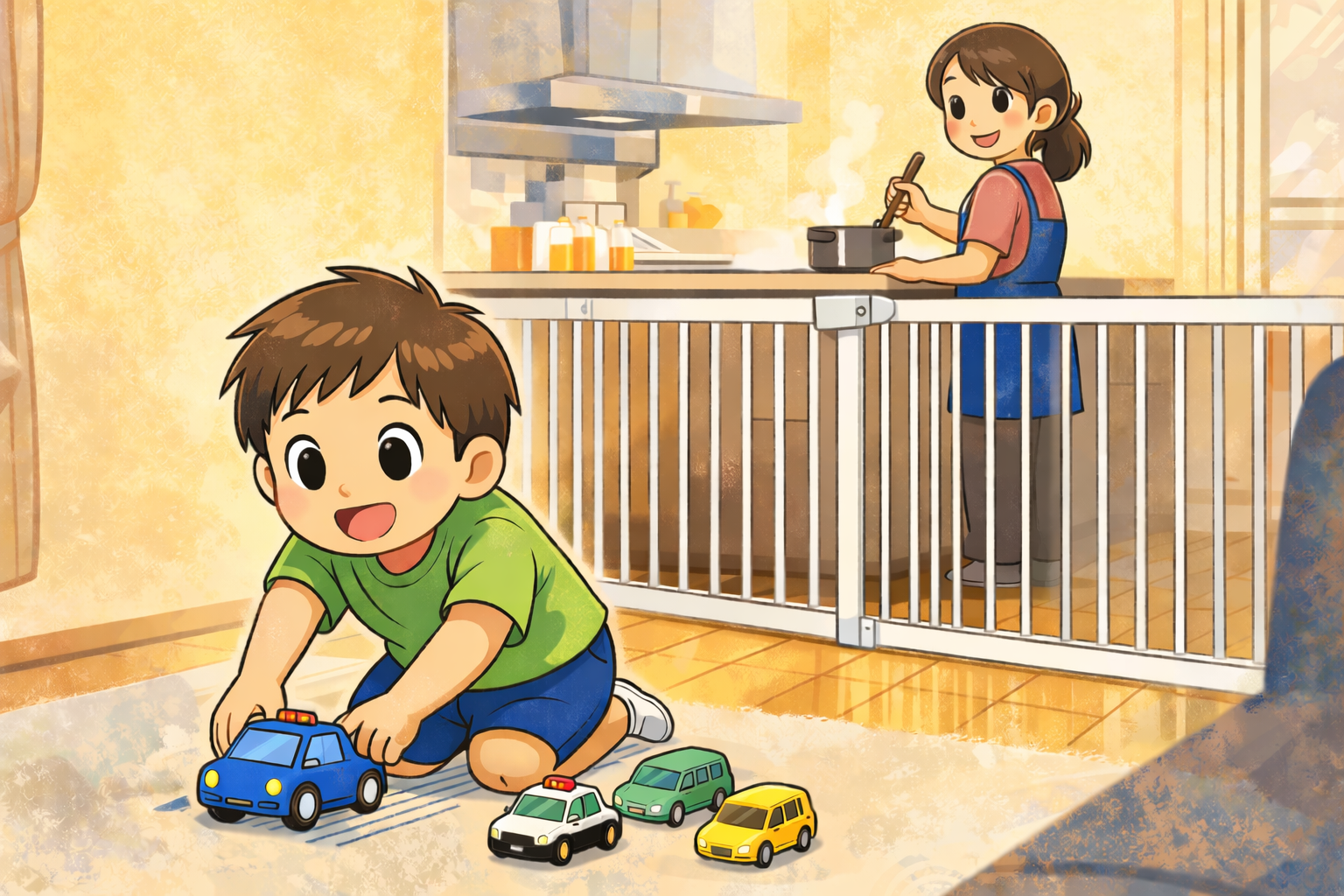 キッチンの安全ゲートの手前でミニカー遊びをする男の子と、ゲートの向こう側で料理をする母親のイラスト