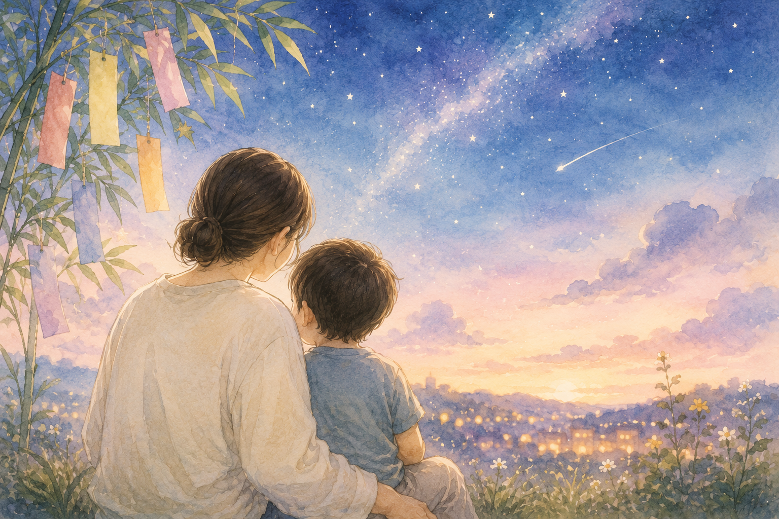 七夕の短冊が飾られた笹のそばで、母親と子どもが寄り添いながら夕焼けから星空へ変わる空を見上げている水彩風イラスト。