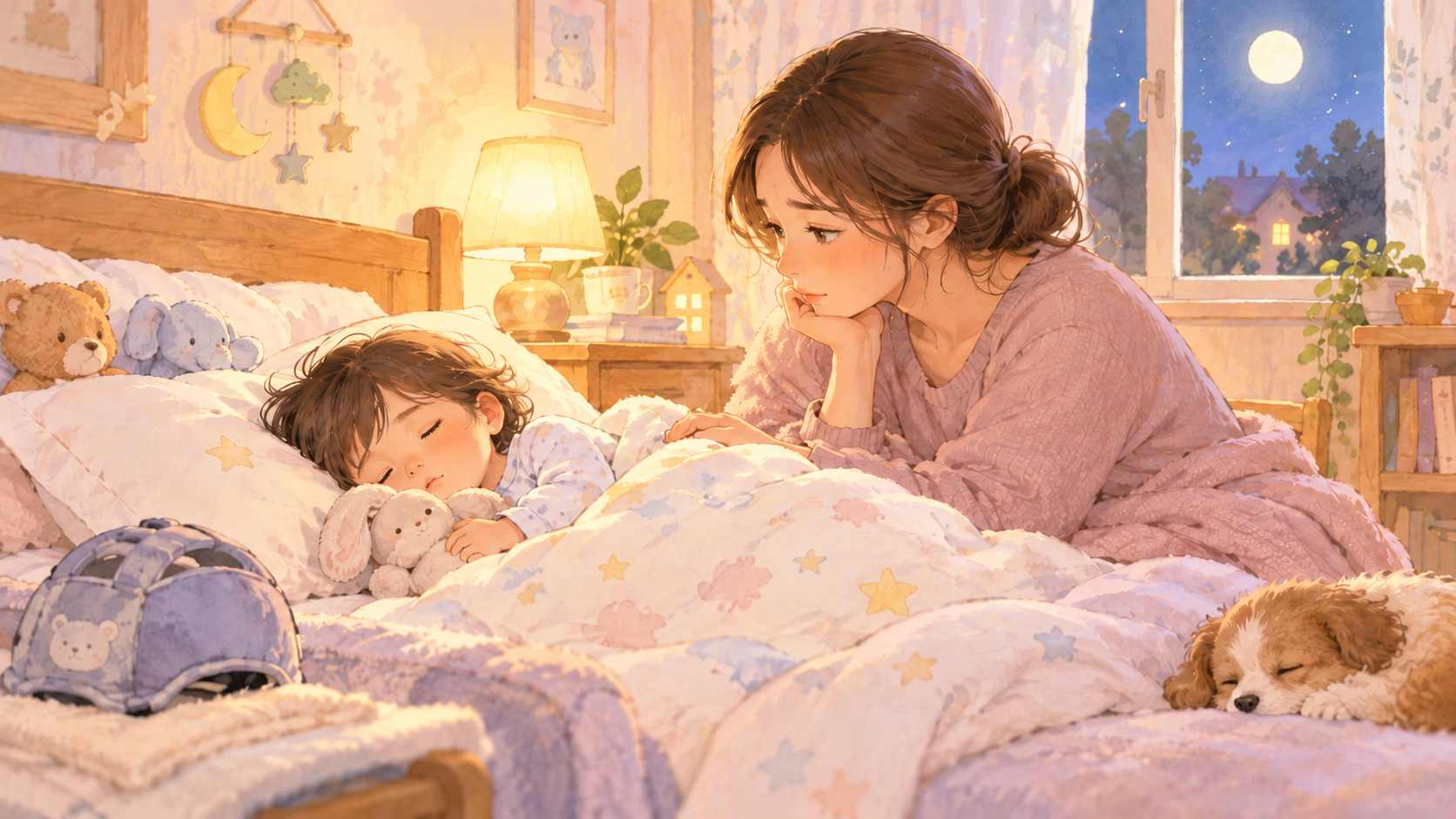 就寝中の子どもをそばで優しく見守る母親のイラスト